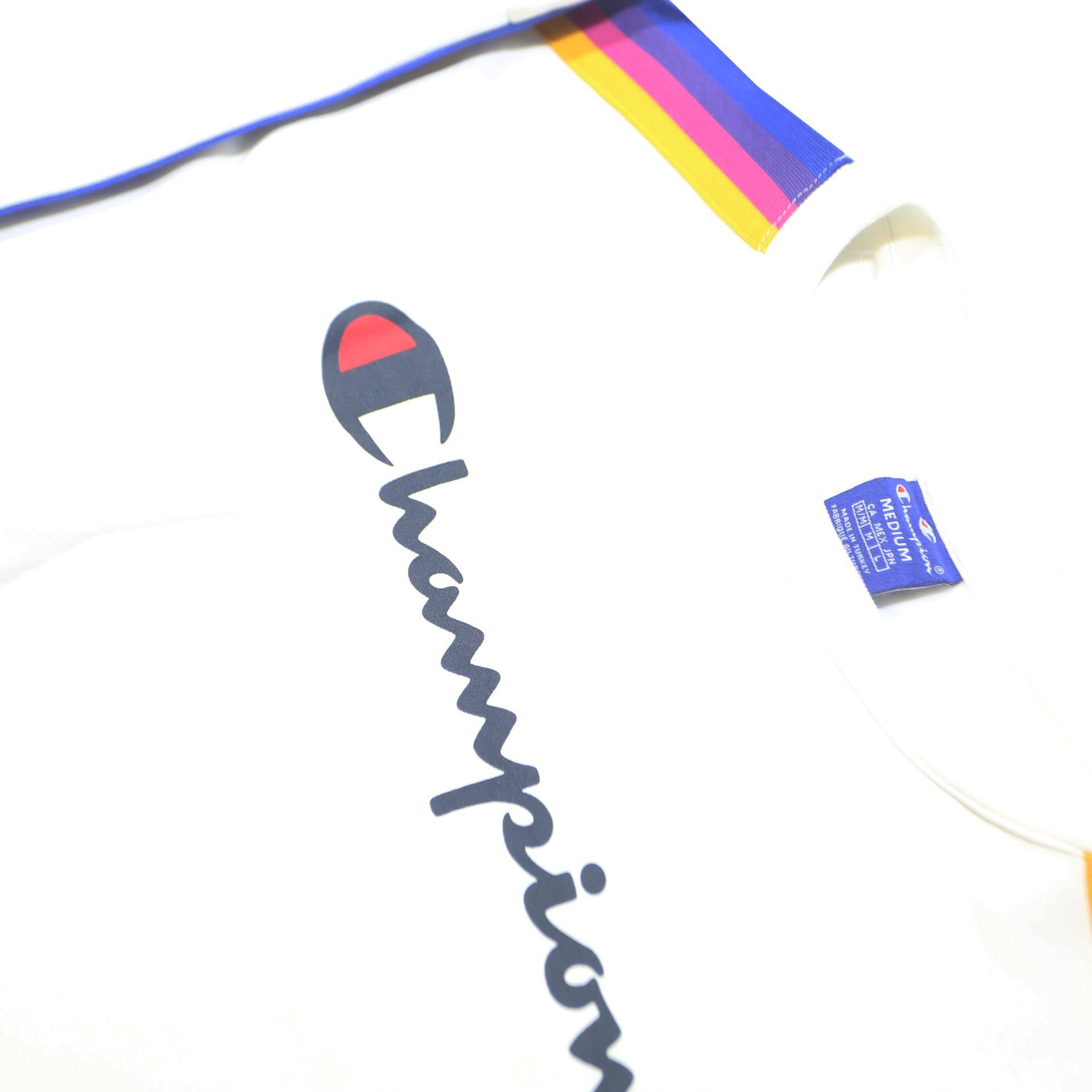 CHAMPION Womens White & Multi Colour Sweatshirt Crew Neck M Cotton Blend Stripe