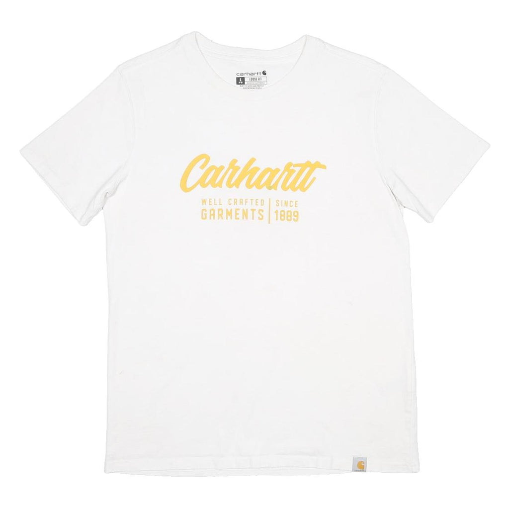 CARHARTT Womens White Yellow Logo Graphic T-Shirt S Short Sleeve Crew Neck