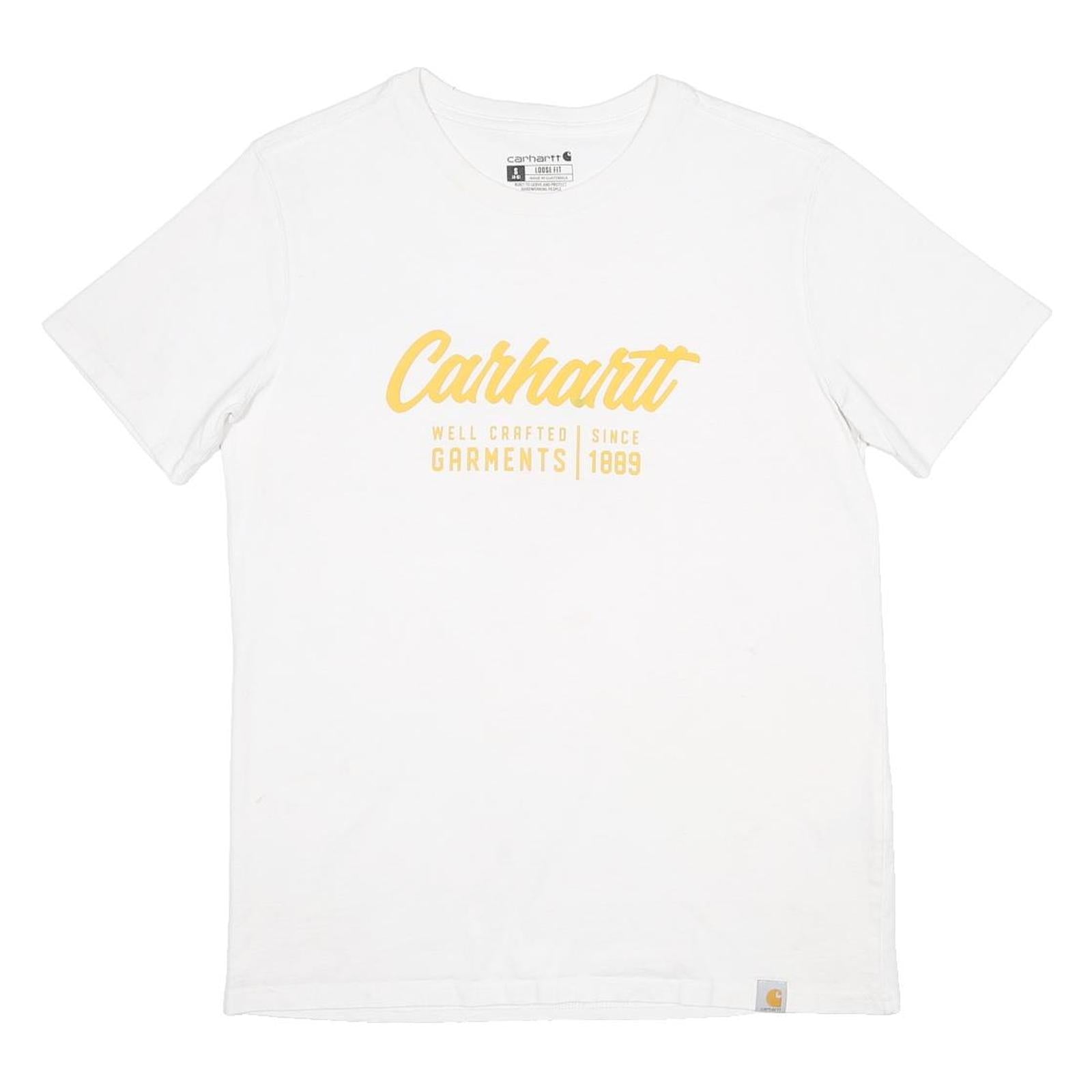 CARHARTT Womens White Yellow Logo Graphic T-Shirt S Short Sleeve Crew Neck