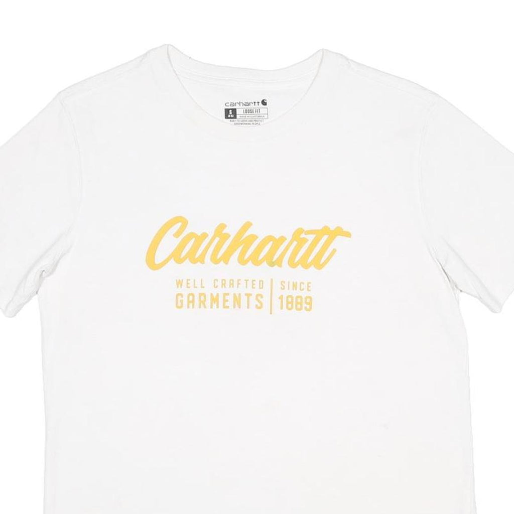 CARHARTT Womens White Yellow Logo Graphic T-Shirt S Short Sleeve Crew Neck