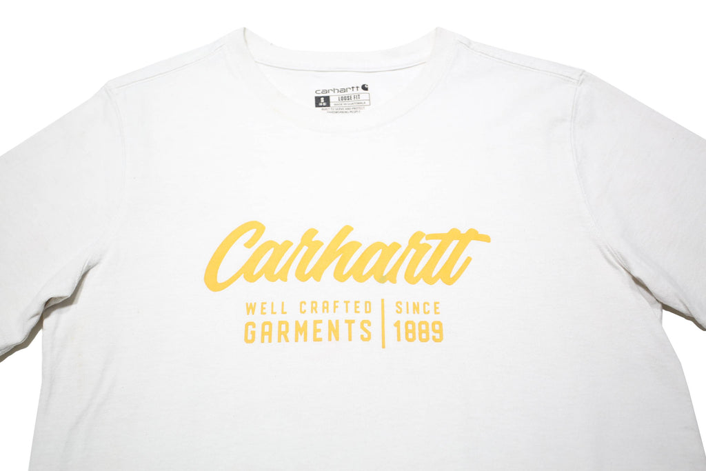 CARHARTT Womens White Yellow Logo Graphic T-Shirt S Short Sleeve Crew Neck