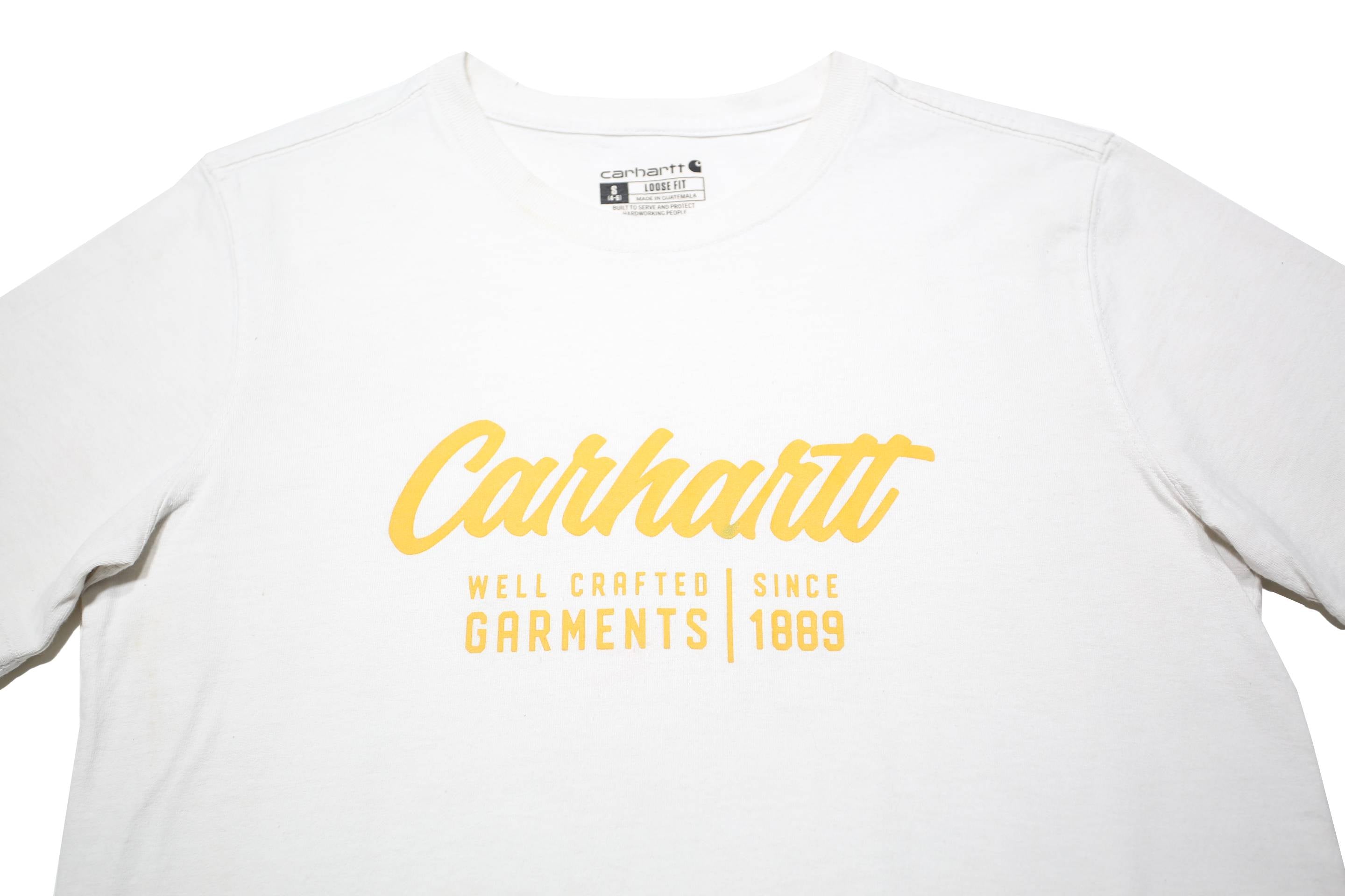 CARHARTT Womens White Yellow Logo Graphic T-Shirt S Short Sleeve Crew Neck