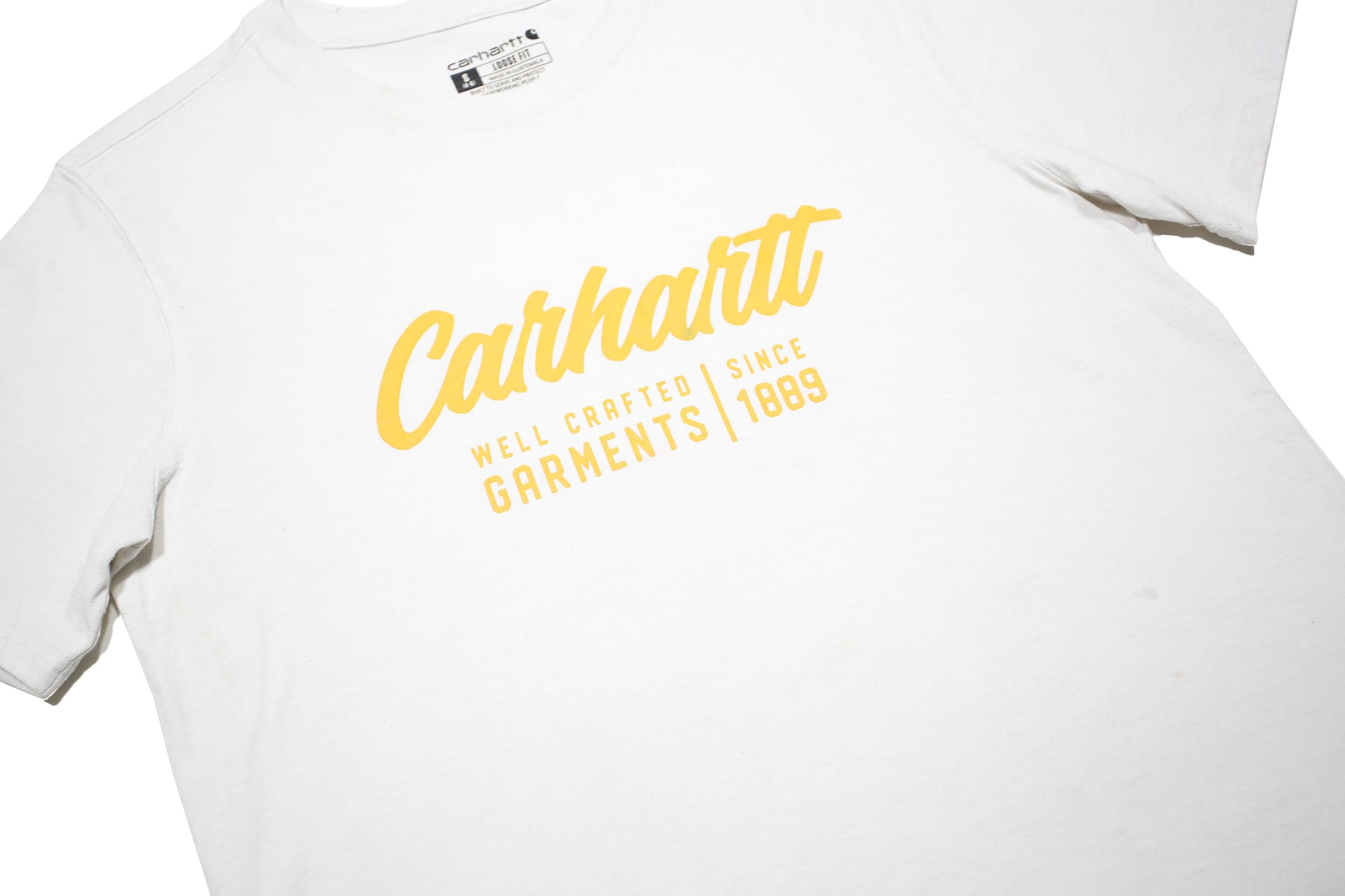 CARHARTT Womens White Yellow Logo Graphic T-Shirt S Short Sleeve Crew Neck