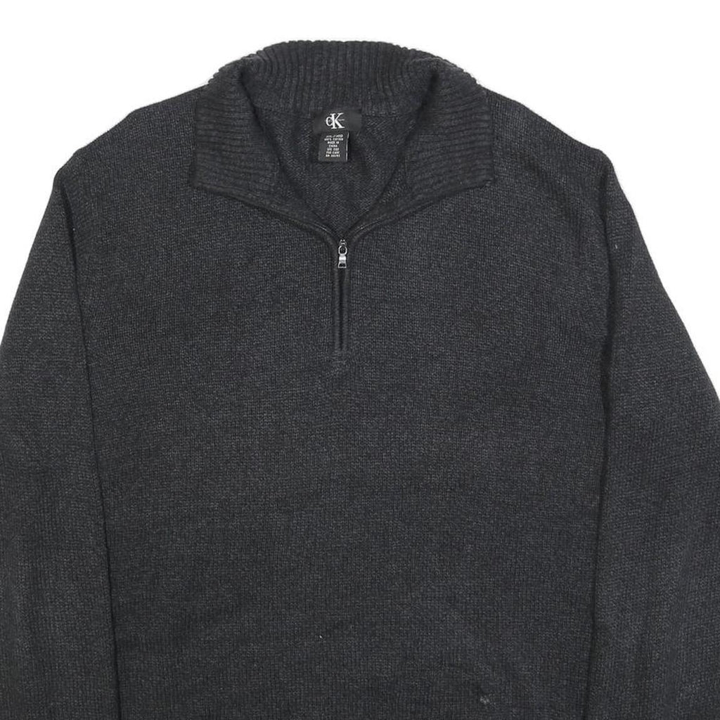 CALVIN KLEIN Mens Charcoal Grey Plain Pullover Jumper Zip Collar Cotton XL