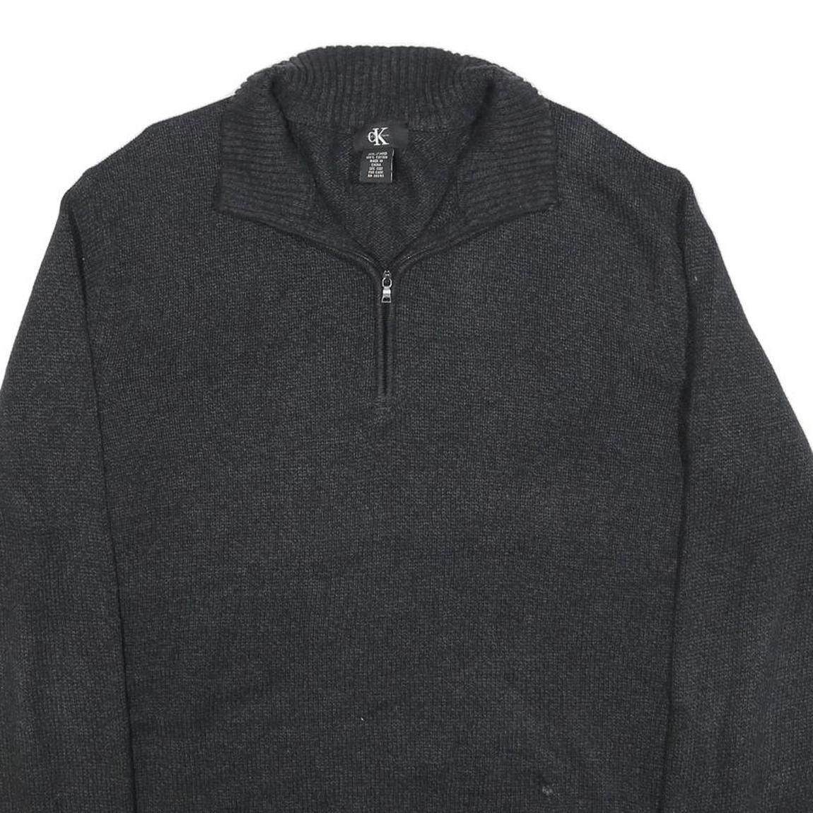 CALVIN KLEIN Mens Charcoal Grey Plain Pullover Jumper Zip Collar Cotton XL
