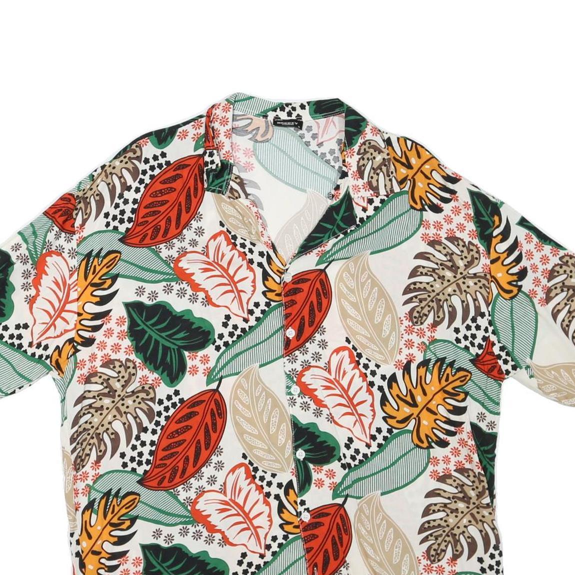 BREEZY Mens White Red Green Orange Leaf Print Shirt S Summer Casual Tropical