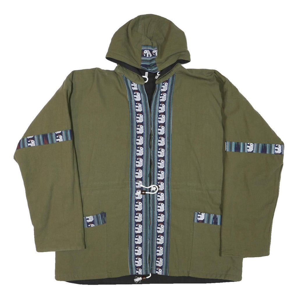 Mens Green Cotton Blend Zip Jacket L Plain Elephant Print Hooded Casual