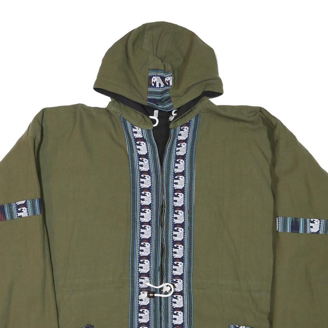 Mens Green Cotton Blend Zip Jacket L Plain Elephant Print Hooded Casual