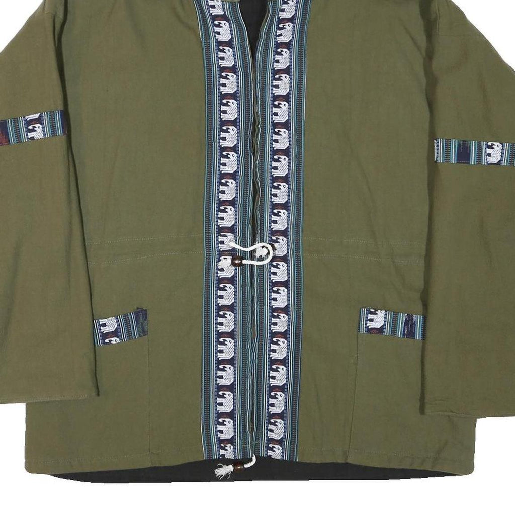 Mens Green Cotton Blend Zip Jacket L Plain Elephant Print Hooded Casual