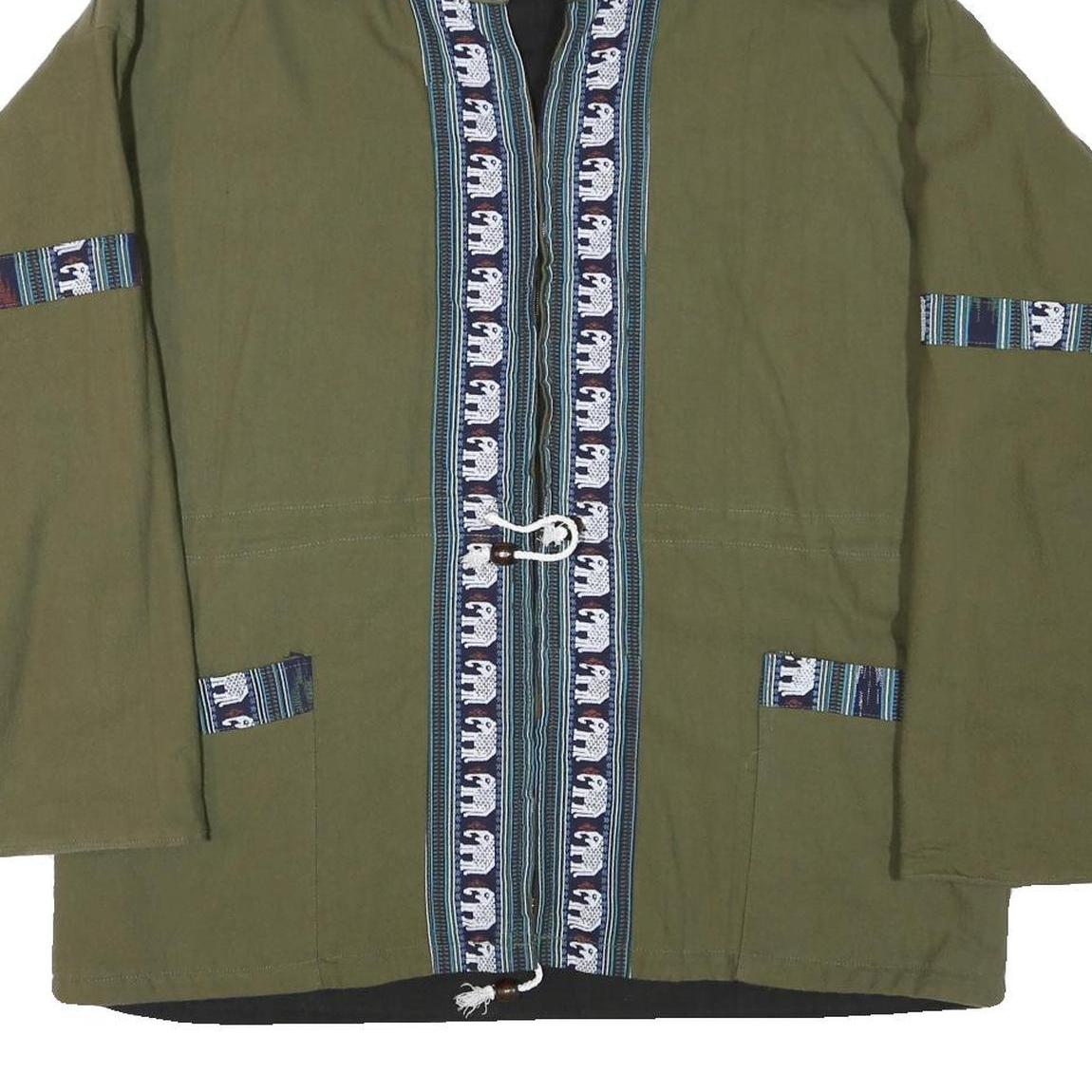 Mens Green Cotton Blend Zip Jacket L Plain Elephant Print Hooded Casual