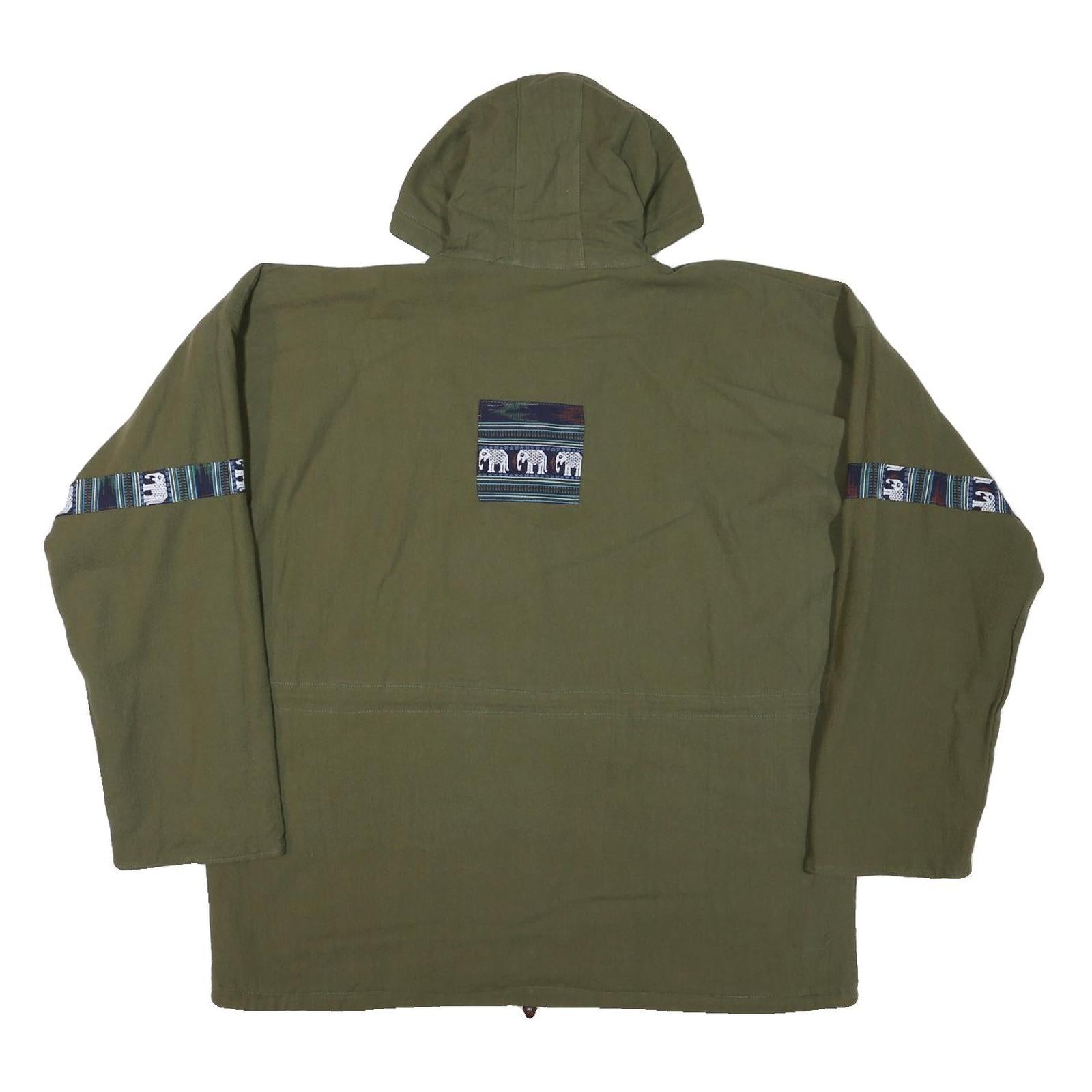 Mens Green Cotton Blend Zip Jacket L Plain Elephant Print Hooded Casual