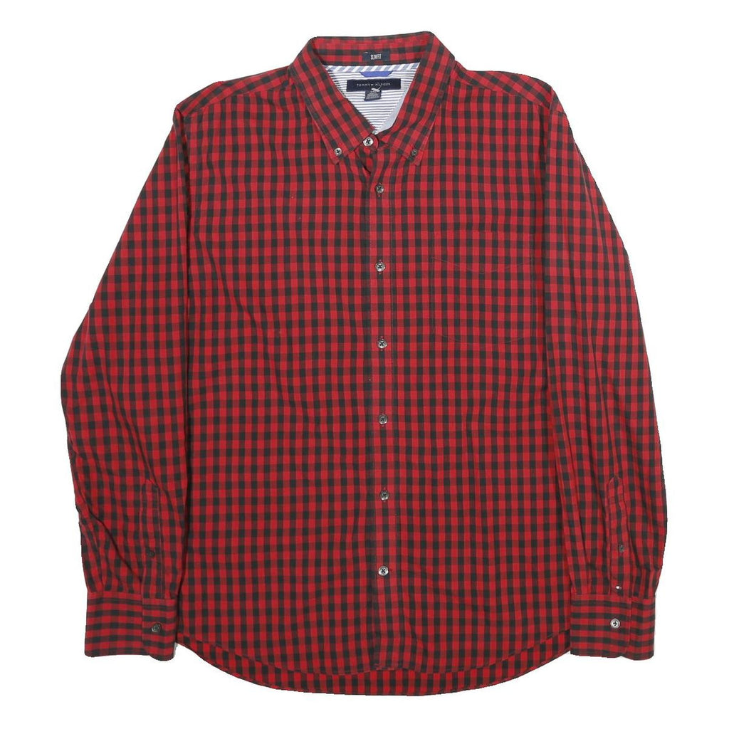TOMMY HILFIGER Mens Red & Black Check Shirt L Button-Down Collar Cotton