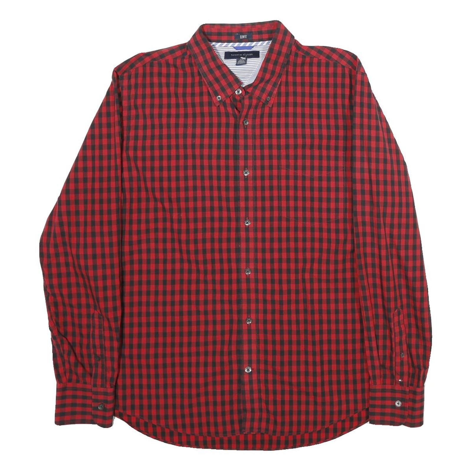 TOMMY HILFIGER Mens Red & Black Check Shirt L Button-Down Collar Cotton
