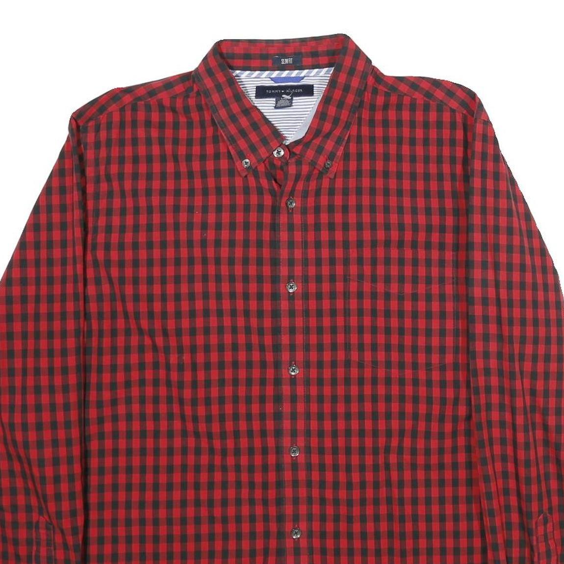 TOMMY HILFIGER Mens Red & Black Check Shirt L Button-Down Collar Cotton