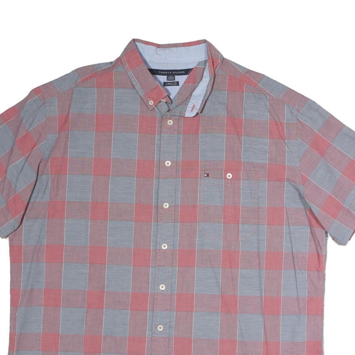 TOMMY HILFIGER Mens Blue & Red Check Shirt 2XL Classic Fit Cotton Summer Casual