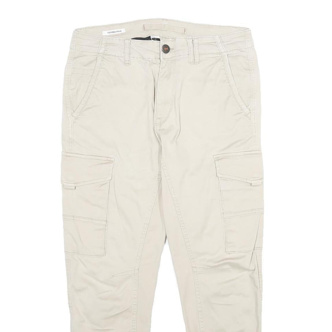 JACK & JONES Mens Regular Fit Beige Cargo Trousers W30 L26 Cotton Blend Zip
