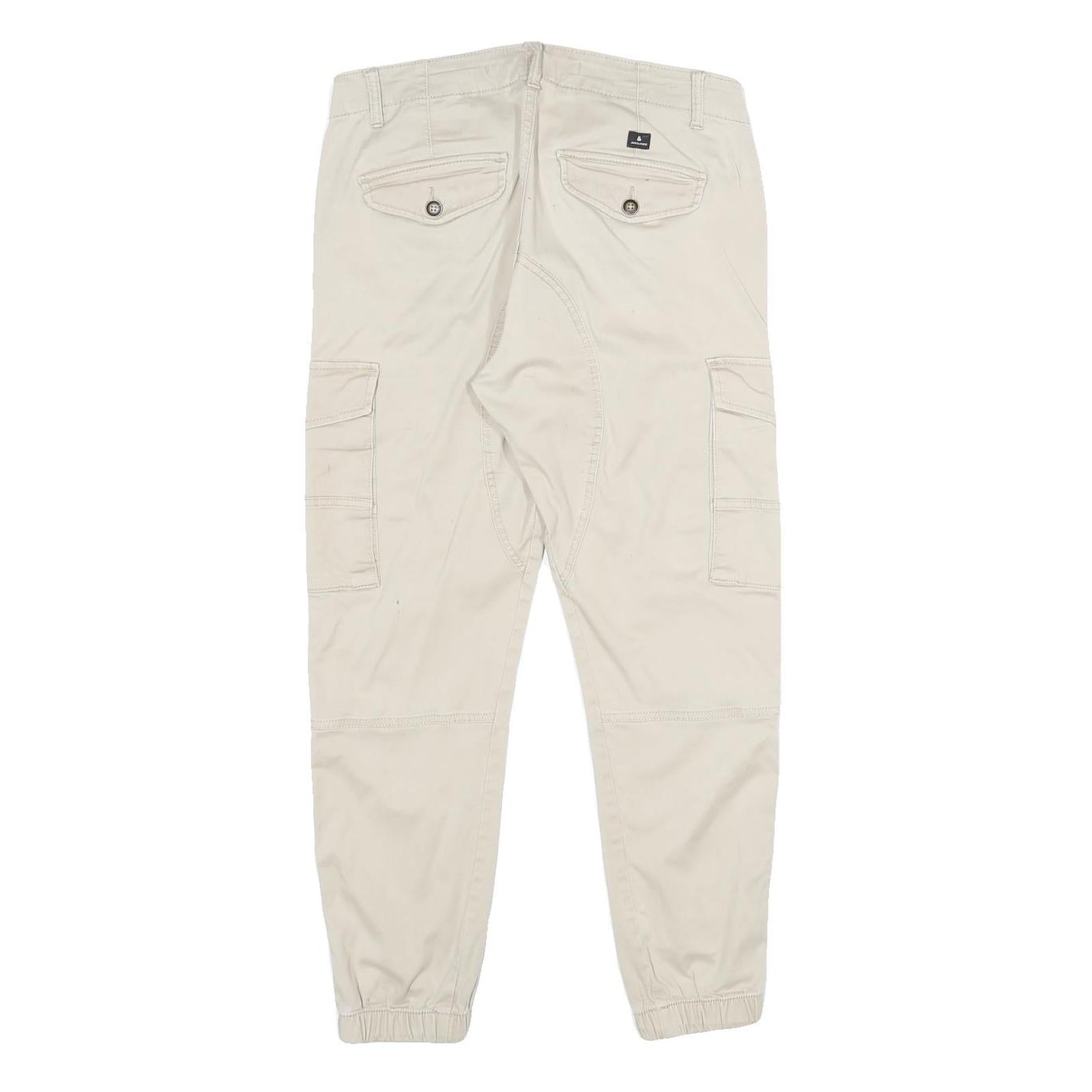 JACK & JONES Mens Regular Fit Beige Cargo Trousers W30 L26 Cotton Blend Zip