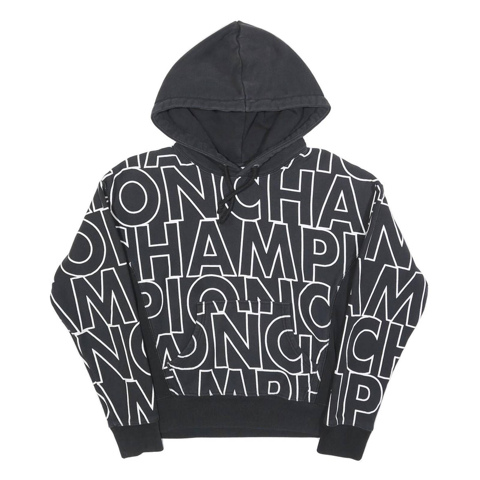 CHAMPION REVERSE WEAVE Womens Black Hoodie S All Over Brand Logo Pullover