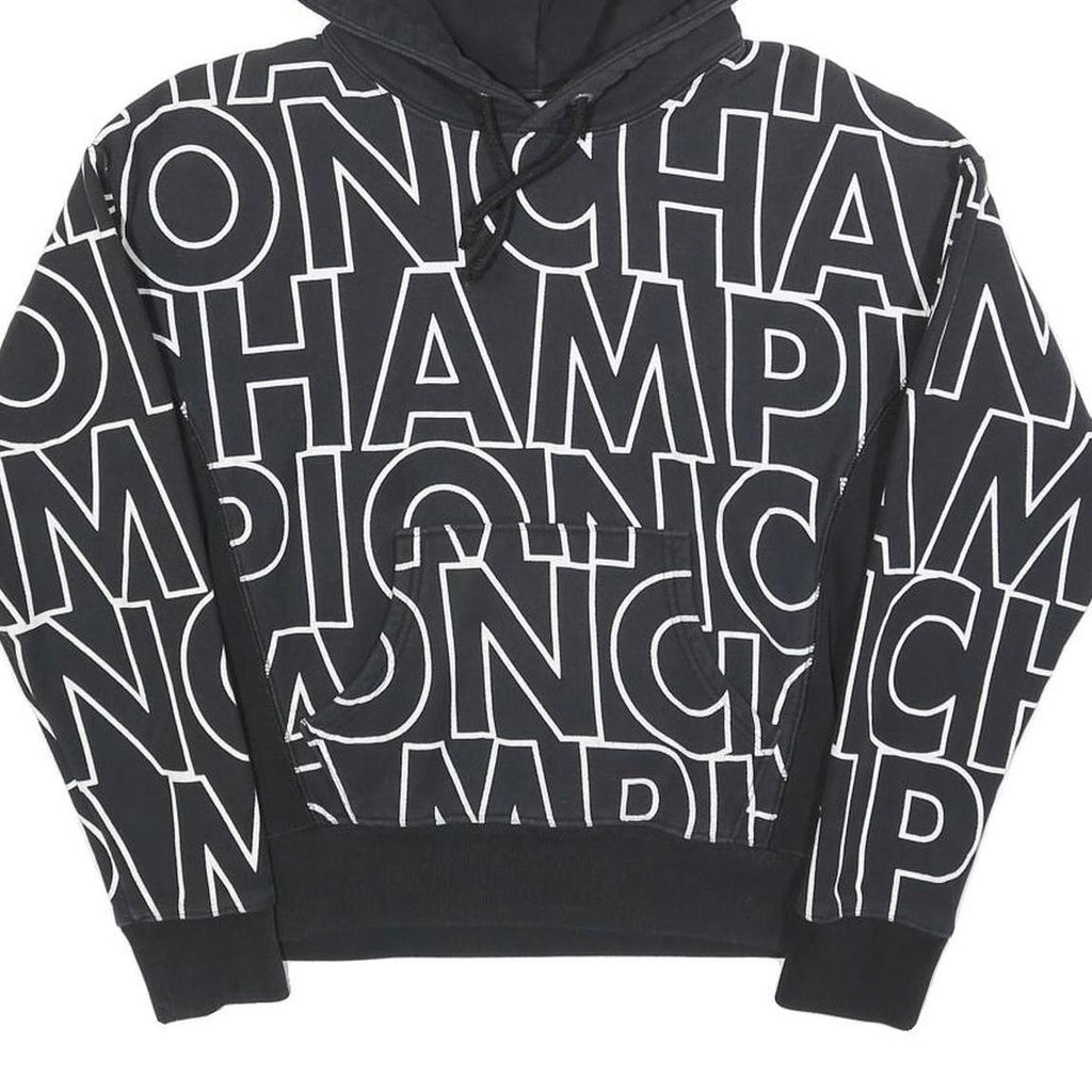 CHAMPION REVERSE WEAVE Womens Black Hoodie S All Over Brand Logo Pullover