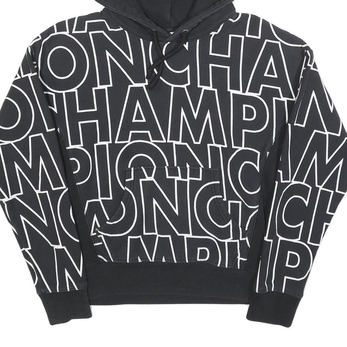 CHAMPION REVERSE WEAVE Womens Black Hoodie S All Over Brand Logo Pullover