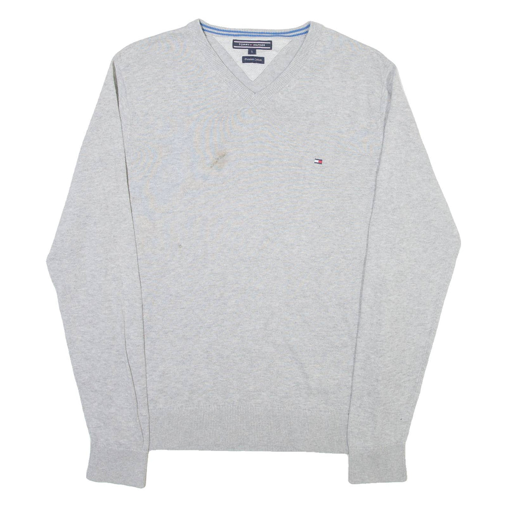 TOMMY HILFIGER Mens Jumper Grey V-Neck Tight Knit S