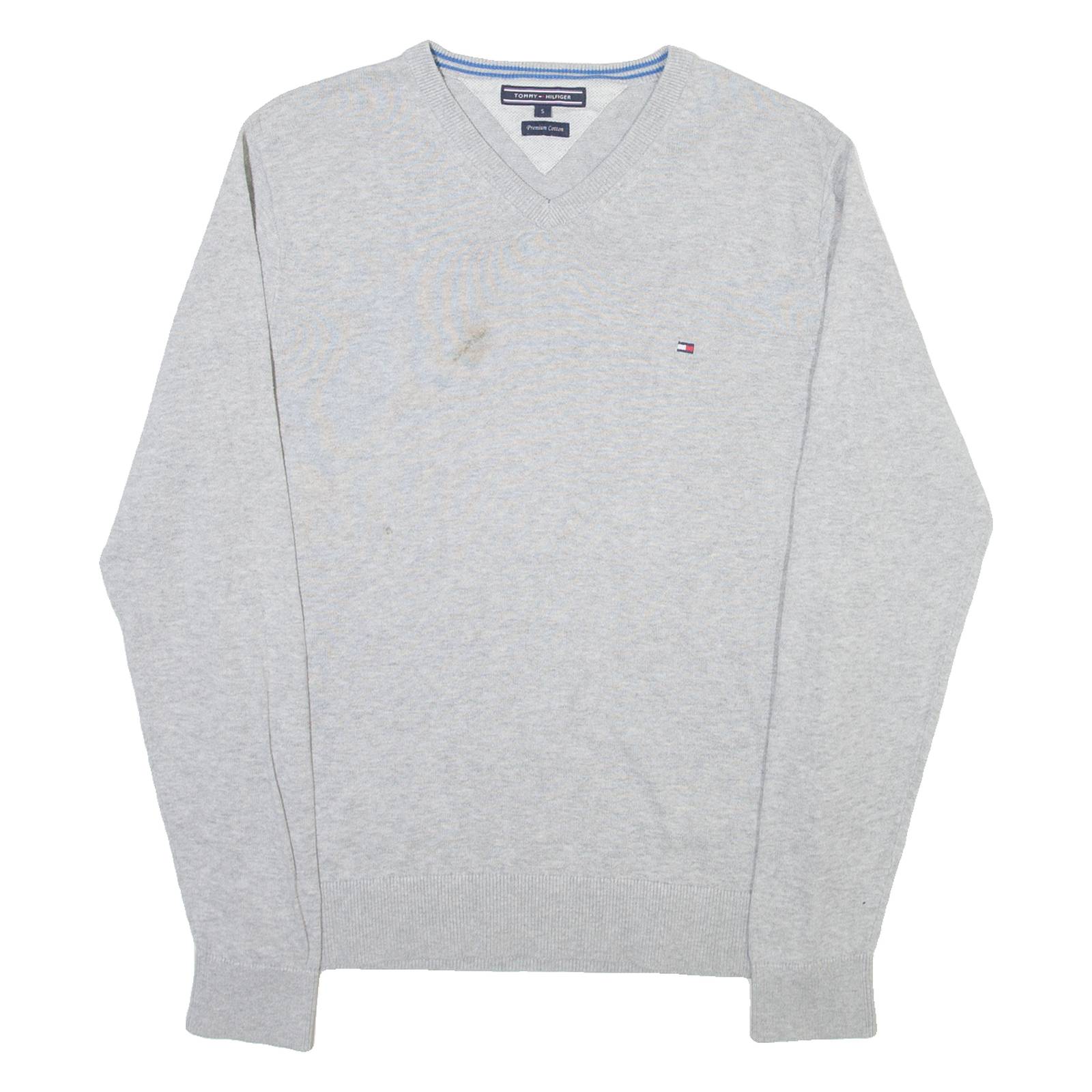 TOMMY HILFIGER Mens Jumper Grey V-Neck Tight Knit S