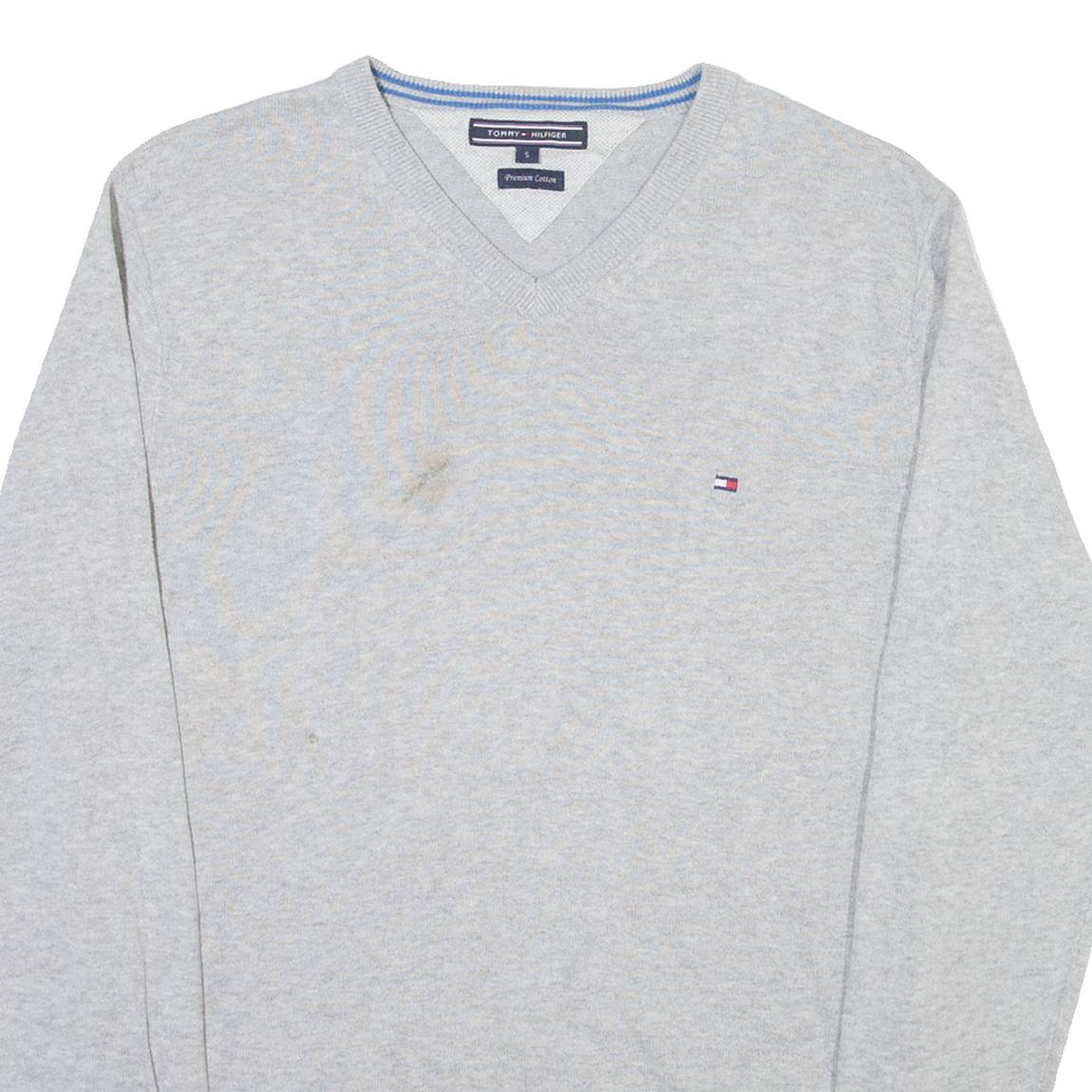 TOMMY HILFIGER Mens Jumper Grey V-Neck Tight Knit S
