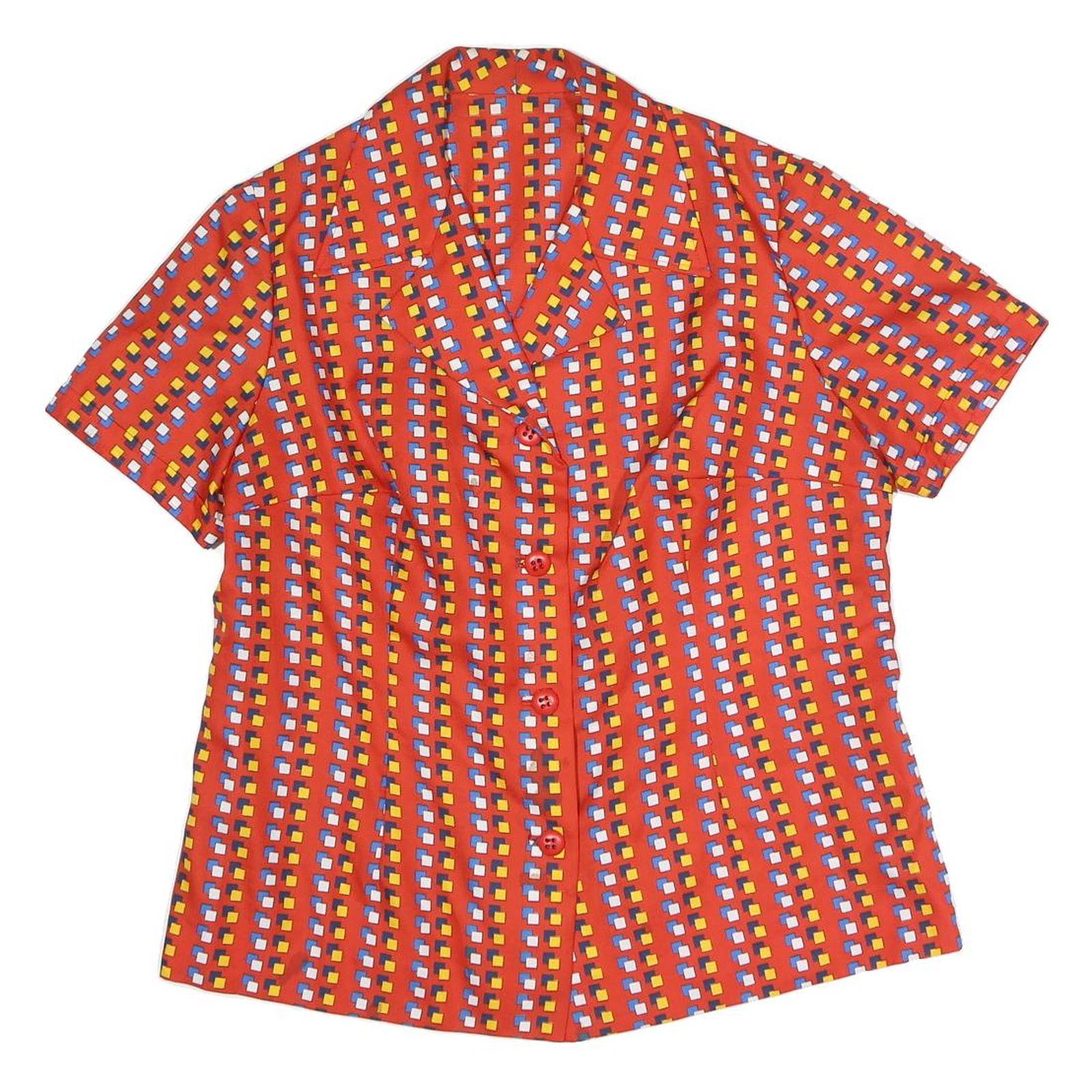 Womens Red Printed Shirt Short Sleeve Button Neck XL Synthetic Blend Retro