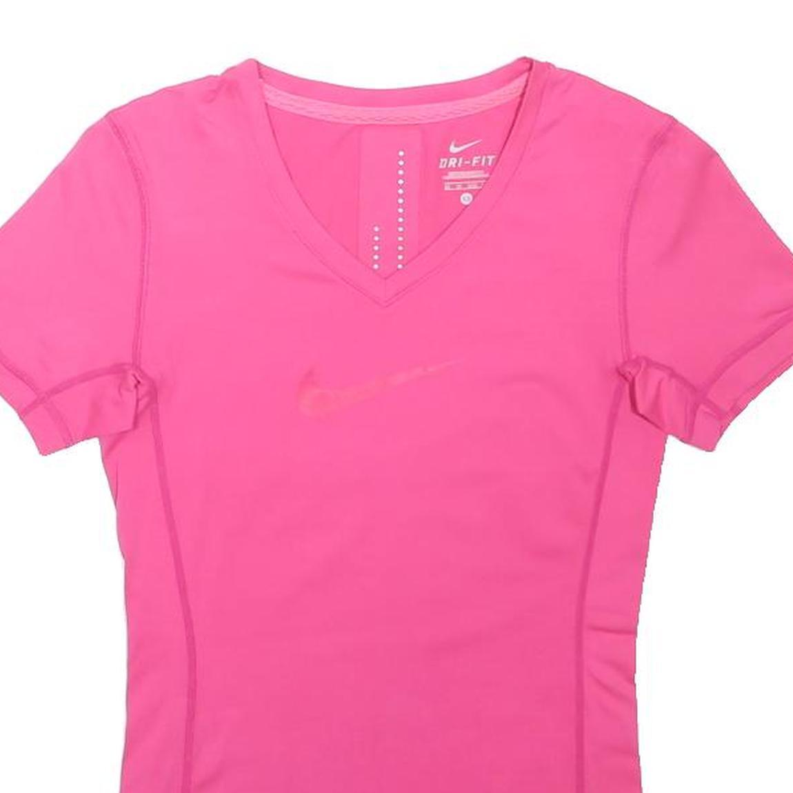 NIKE Womens Pink Performance T-Shirt XS Short Sleeve V-Neck Dri-FIT Activewear