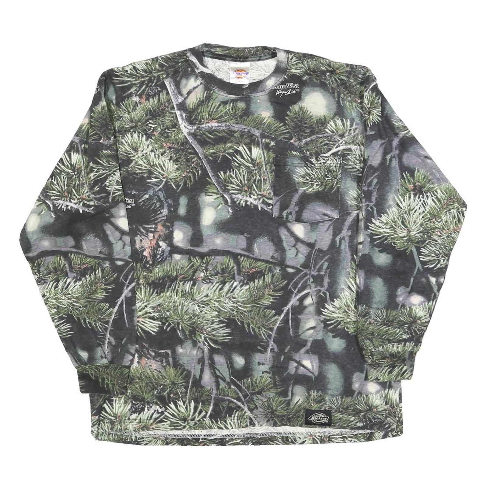 DICKIES Mens Green Camouflage Long Sleeve Crew Neck Cotton Blend T-Shirt L