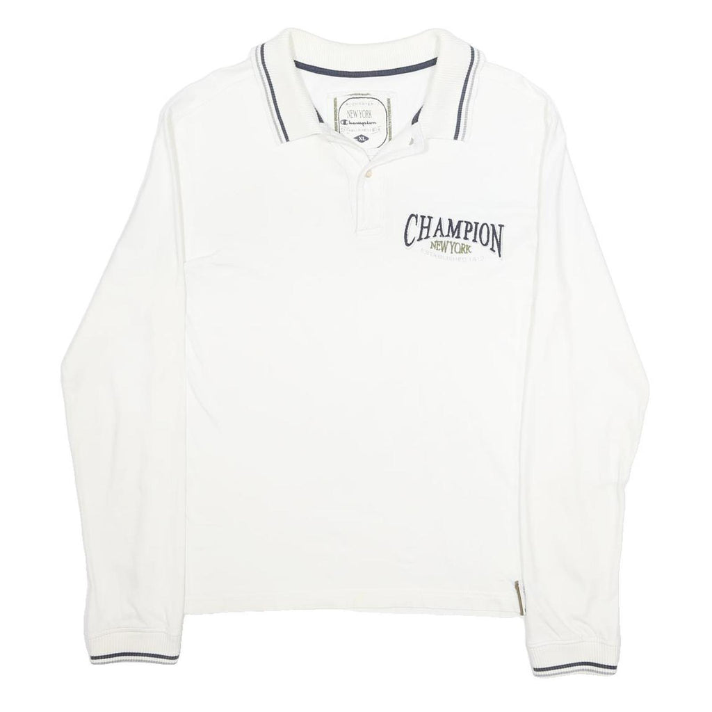 CHAMPION Mens White Long Sleeve Plain XL Cotton Blend Polo Shirt Classic Fit