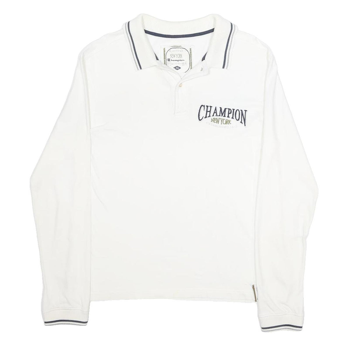 CHAMPION Mens White Long Sleeve Plain XL Cotton Blend Polo Shirt Classic Fit