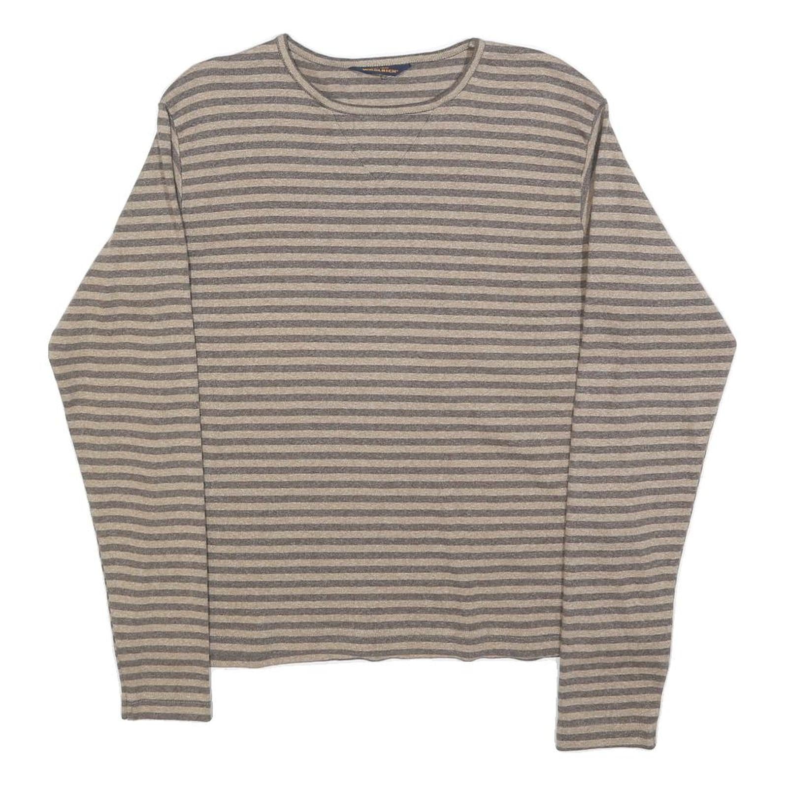 WOOLRICH Womens Beige & Grey Striped Plain Cotton Crew Neck Jumper L Lightweight