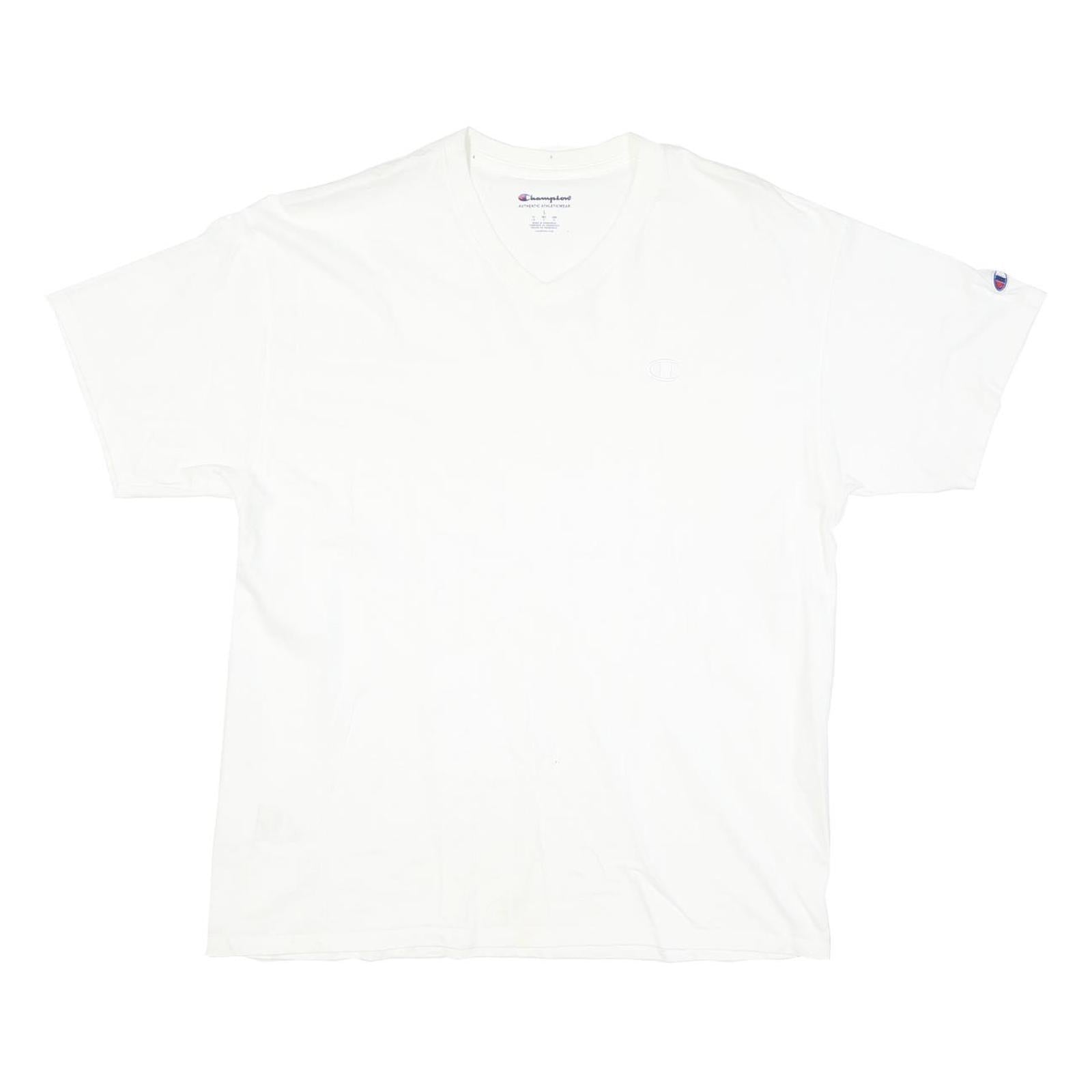 CHAMPION Mens White V-Neck T-Shirt L Cotton Blend Casual Logo Sleeve
