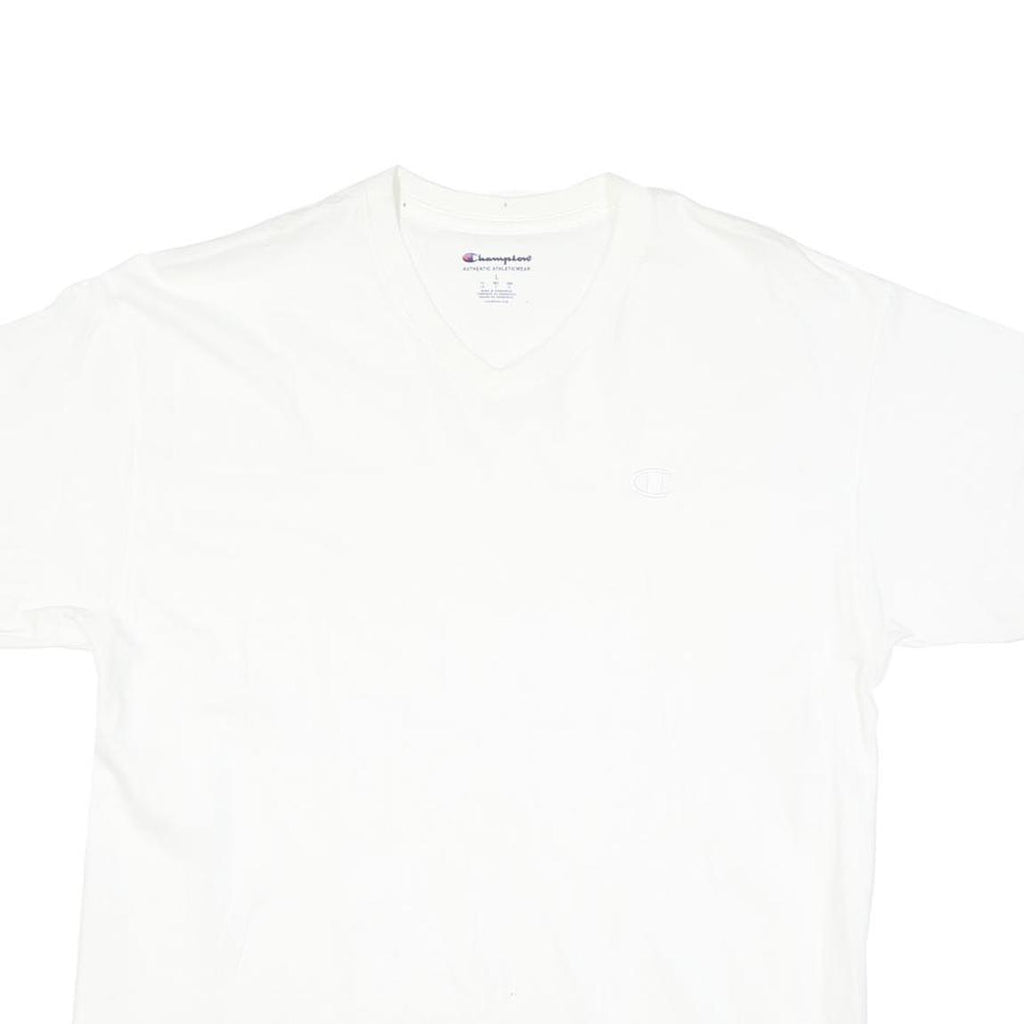 CHAMPION Mens White V-Neck T-Shirt L Cotton Blend Casual Logo Sleeve
