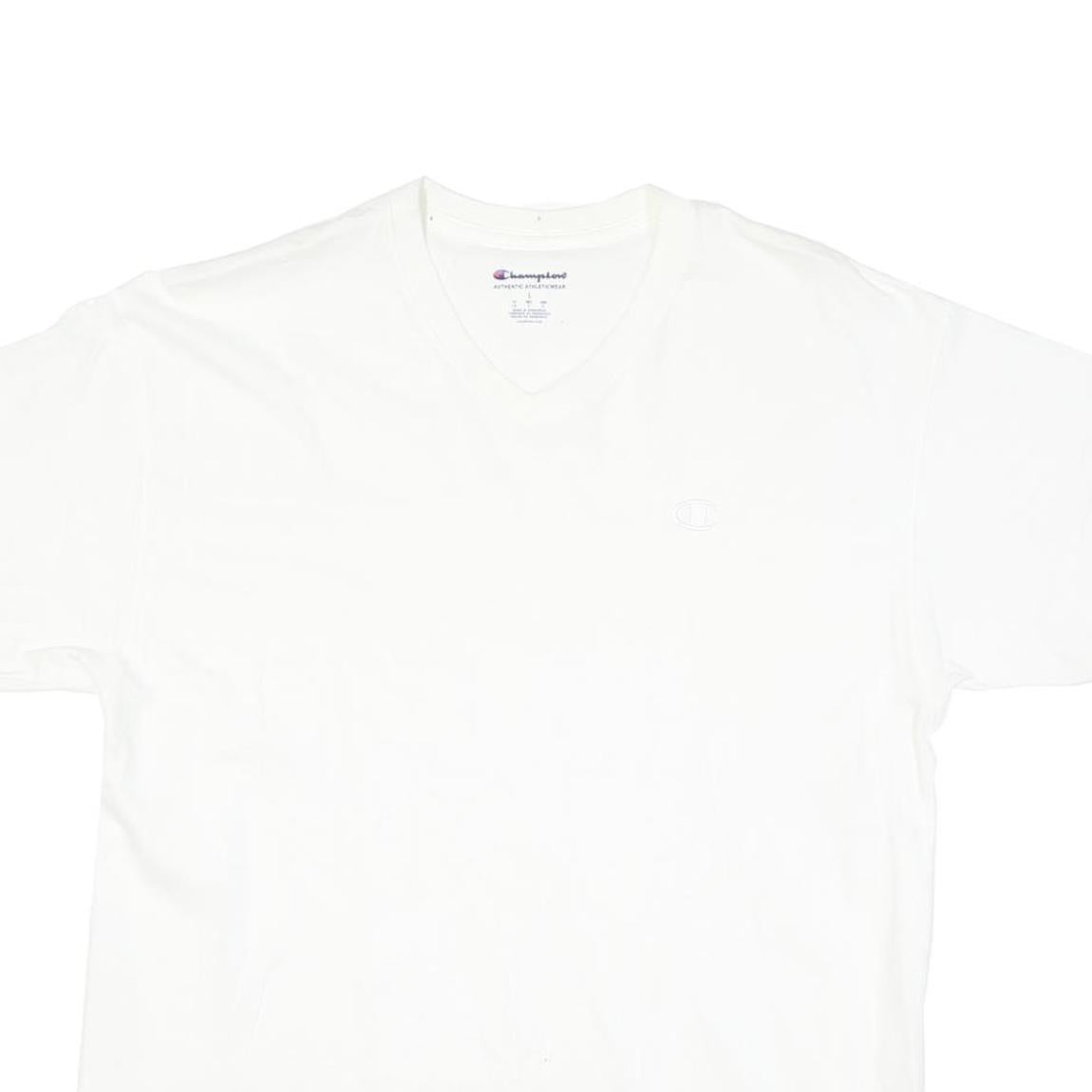 CHAMPION Mens White V-Neck T-Shirt L Cotton Blend Casual Logo Sleeve
