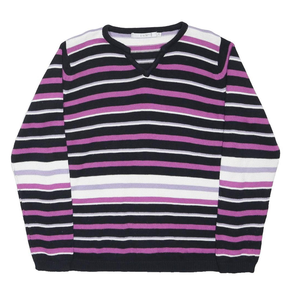 EWM Womens Black & Purple Patterned Cotton Regular Fit Crew Neck Jumper M
