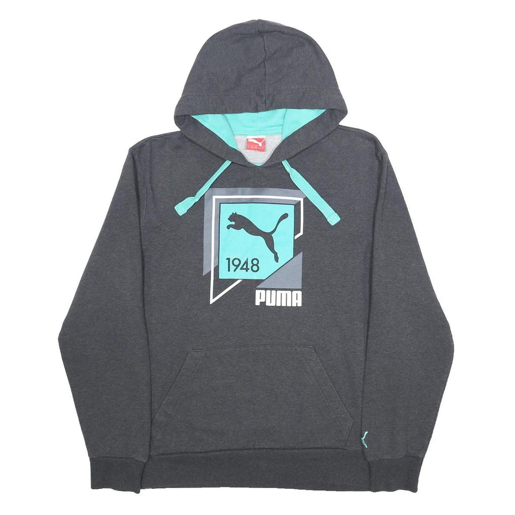 PUMA Mens Grey & Turquoise Logo Pullover Hoodie L Cotton Blend Casual Sweatshirt