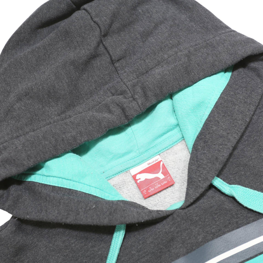 PUMA Mens Grey & Turquoise Logo Pullover Hoodie L Cotton Blend Casual Sweatshirt