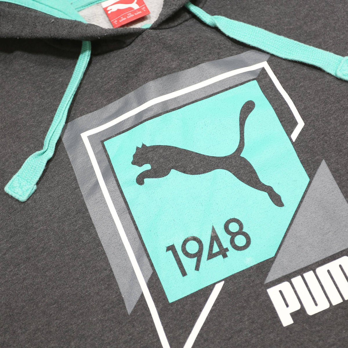 PUMA Mens Grey & Turquoise Logo Pullover Hoodie L Cotton Blend Casual Sweatshirt
