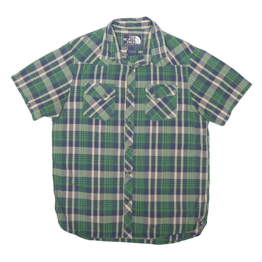 THE NORTH FACE Mens Blue Green Plaid Shirt L Cotton Blend Short Sleeve Casual