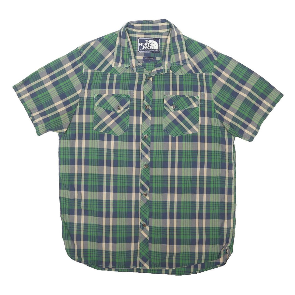 THE NORTH FACE Mens Blue Green Plaid Shirt L Cotton Blend Short Sleeve Casual