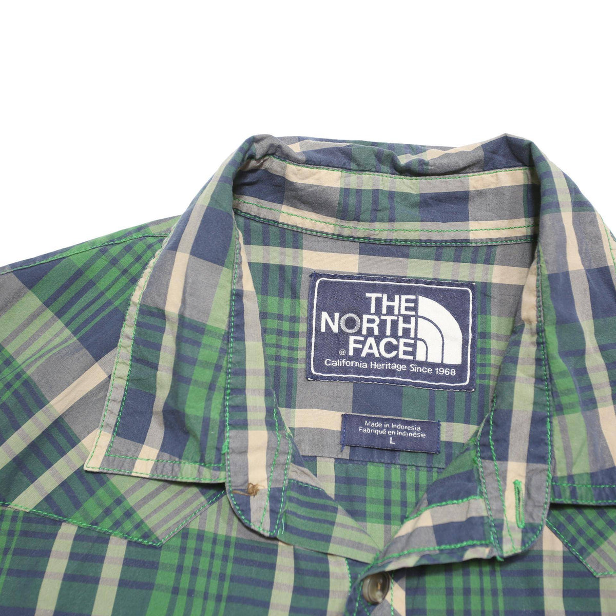 THE NORTH FACE Mens Blue Green Plaid Shirt L Cotton Blend Short Sleeve Casual
