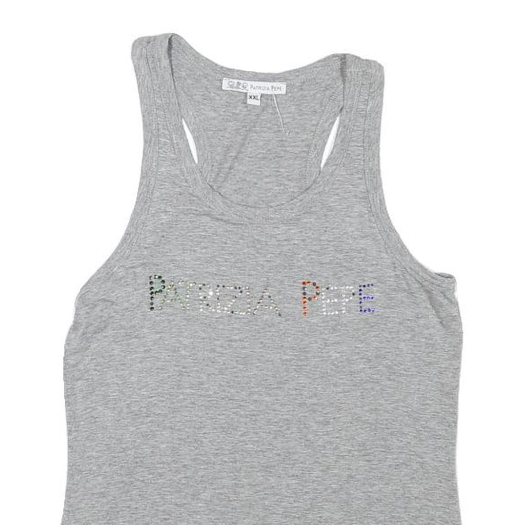 PATRIZIA PEPE Womens Grey Racer Back Sleeveless Top XS Cotton Blend Logo Crystal