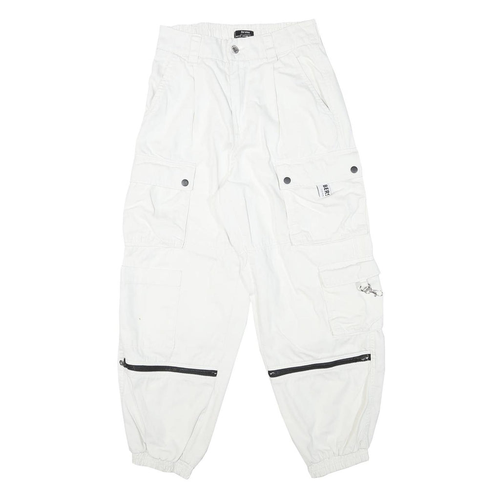 BERSHKA Womens Cotton Blend White Relaxed Cargo Trousers W26 L26 Utility Pocket