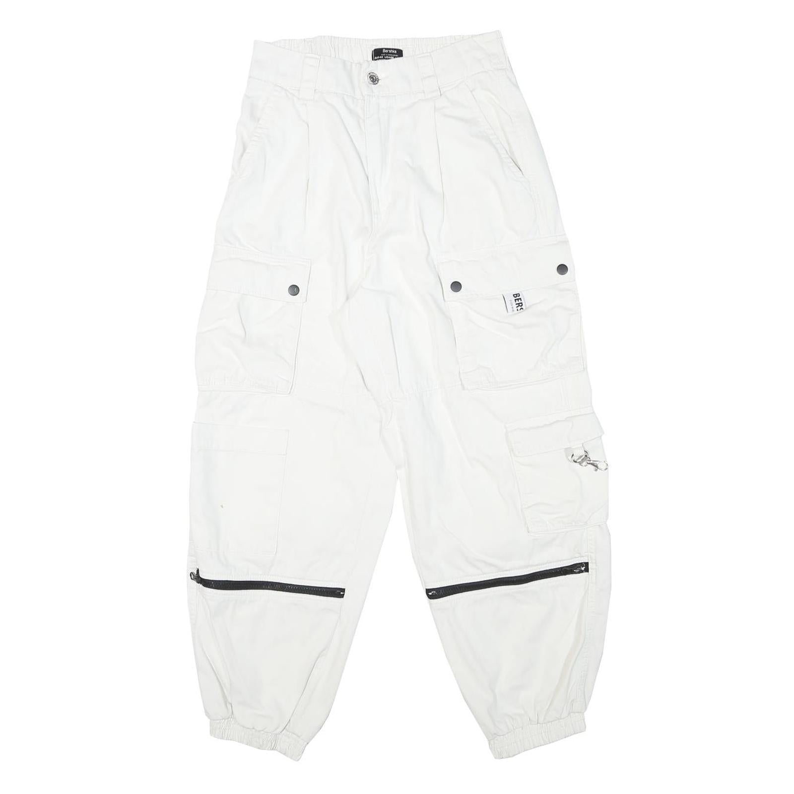 BERSHKA Womens Cotton Blend White Relaxed Cargo Trousers W26 L26 Utility Pocket