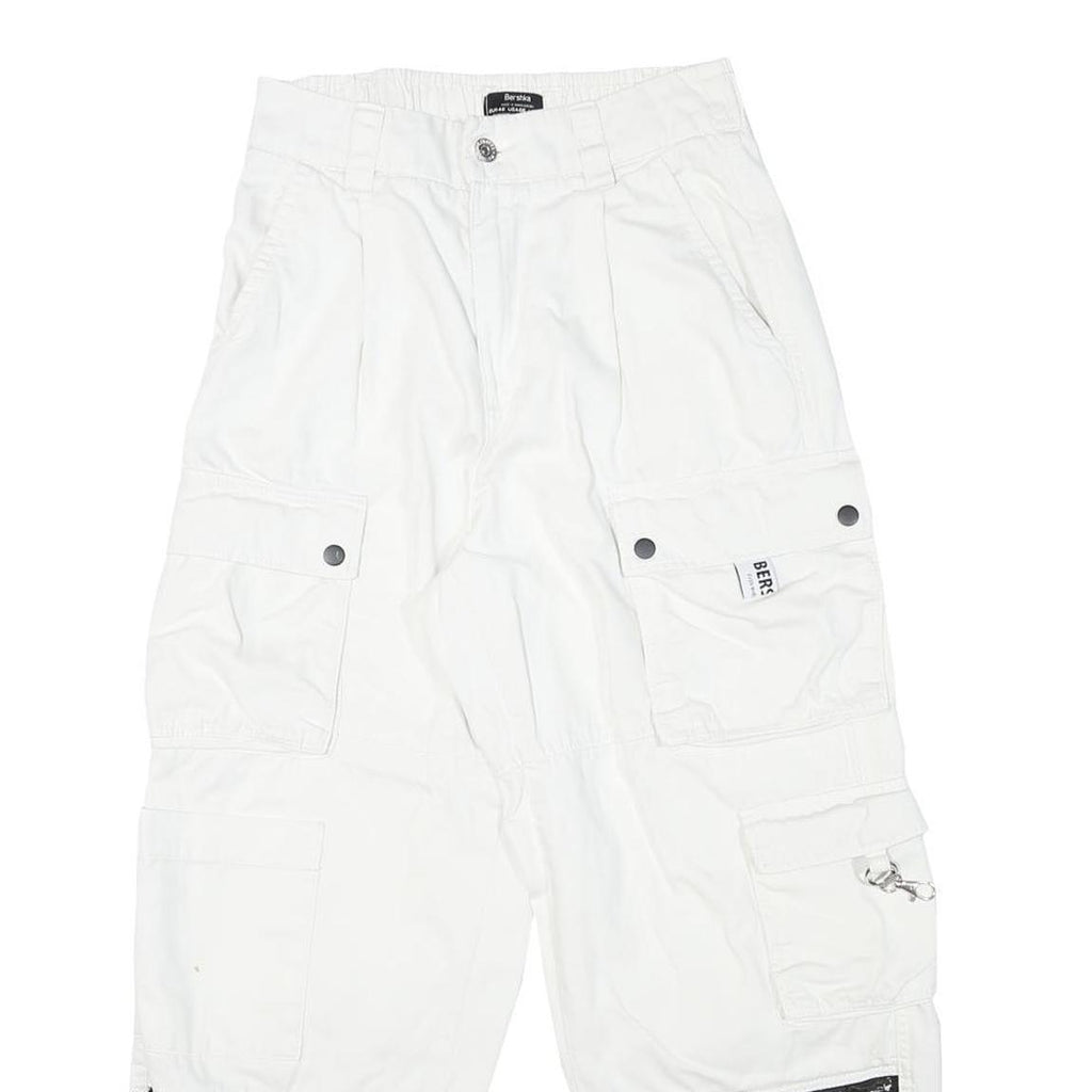BERSHKA Womens Cotton Blend White Relaxed Cargo Trousers W26 L26 Utility Pocket