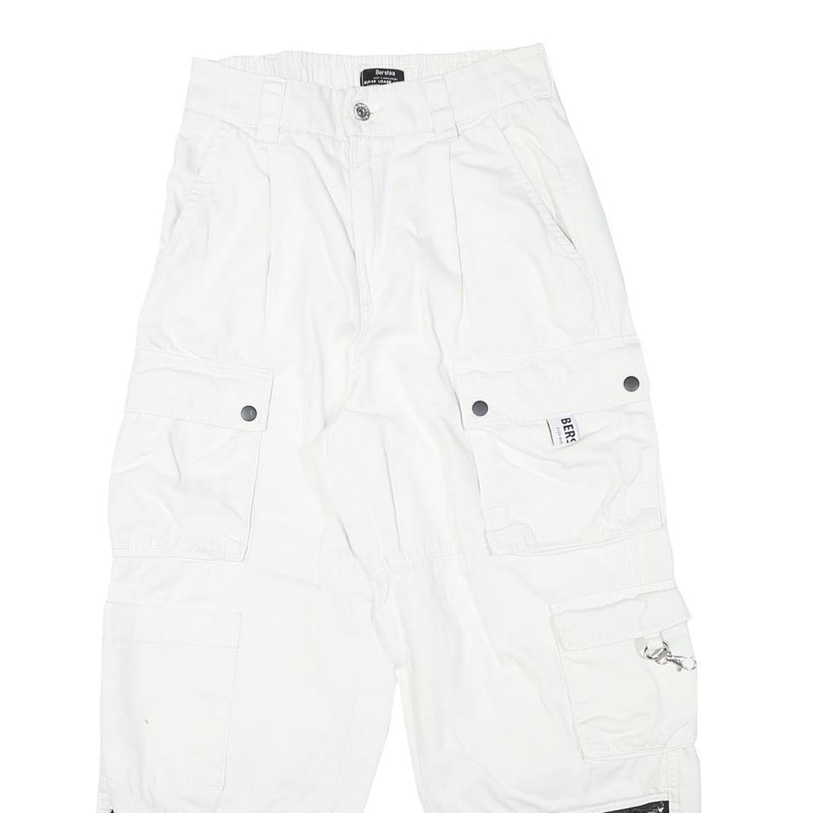 BERSHKA Womens Cotton Blend White Relaxed Cargo Trousers W26 L26 Utility Pocket