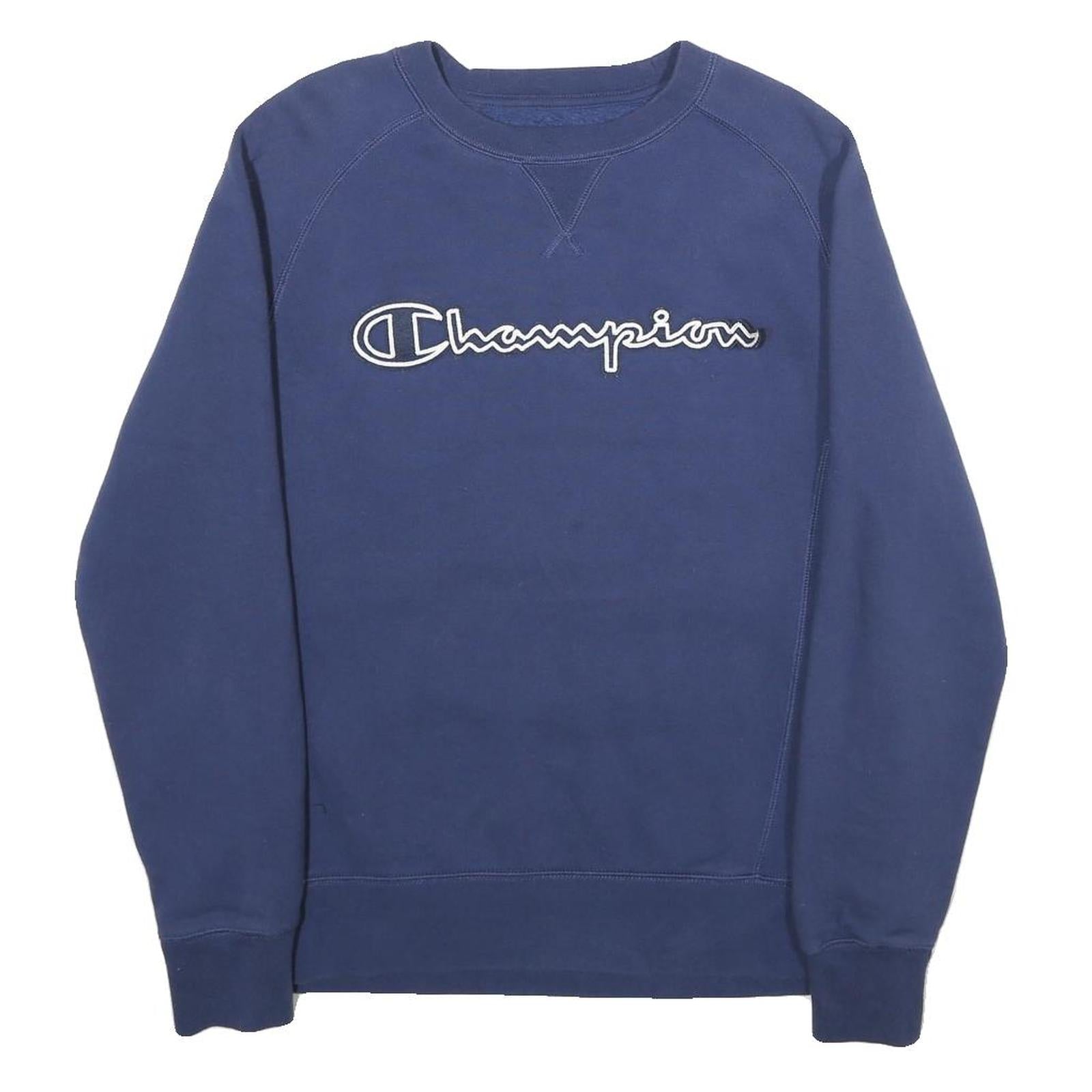 CHAMPION Mens Blue Pullover Crew Neck S Embroidered Logo Sweatshirt Cotton Blend