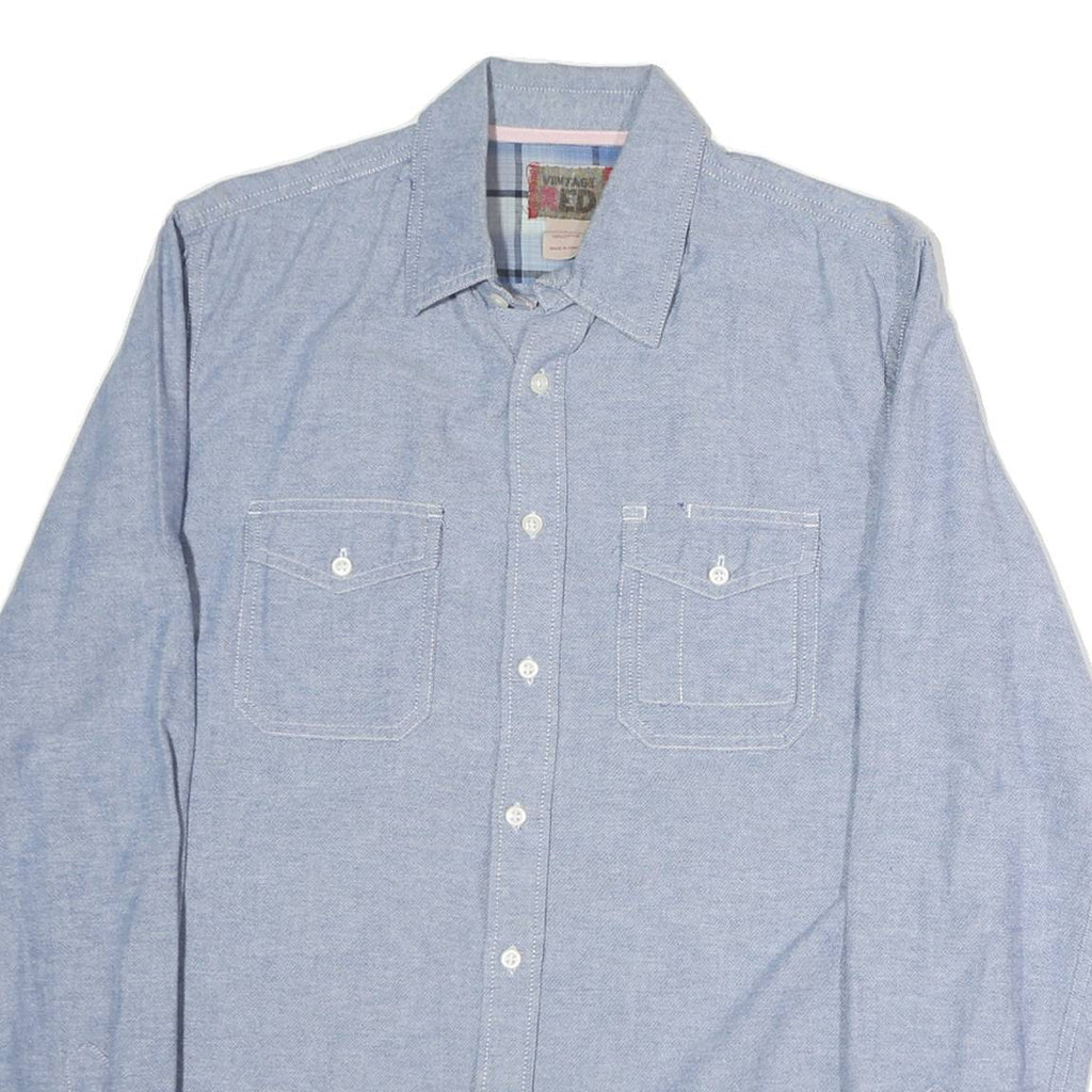 VINTAGE RED Mens Blue Cotton Shirt M Classic Long Sleeve Button Down Casual